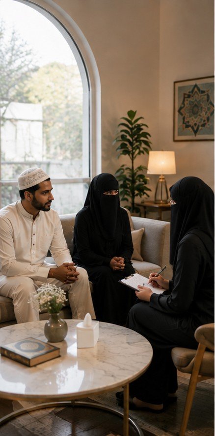 A couple in a pre-marriage coaching session with a counsellor